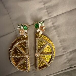 Handmade Lemon Slice Drop Earrings with Green Crystal Accent